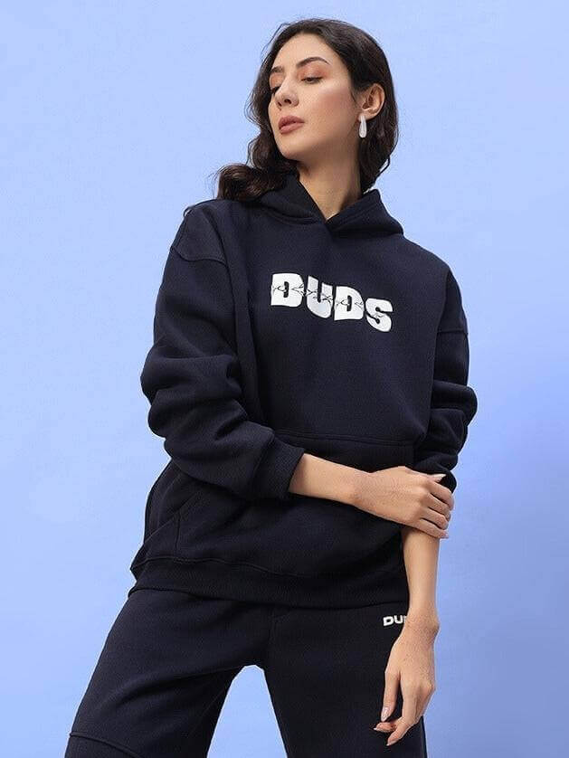 Women's navy blue Fight Night fleece co-ord set featuring a logo hoodie and matching pants.