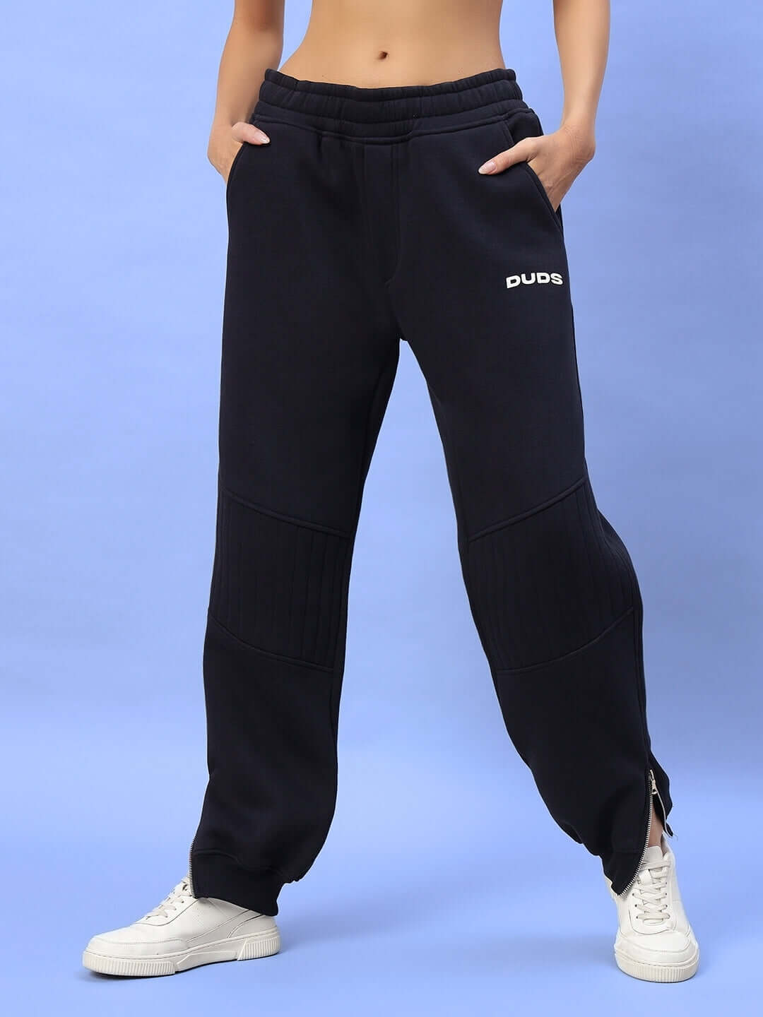 Navy blue women's fleece joggers with an athletic fit and side pockets, perfect for casual or workout wear.