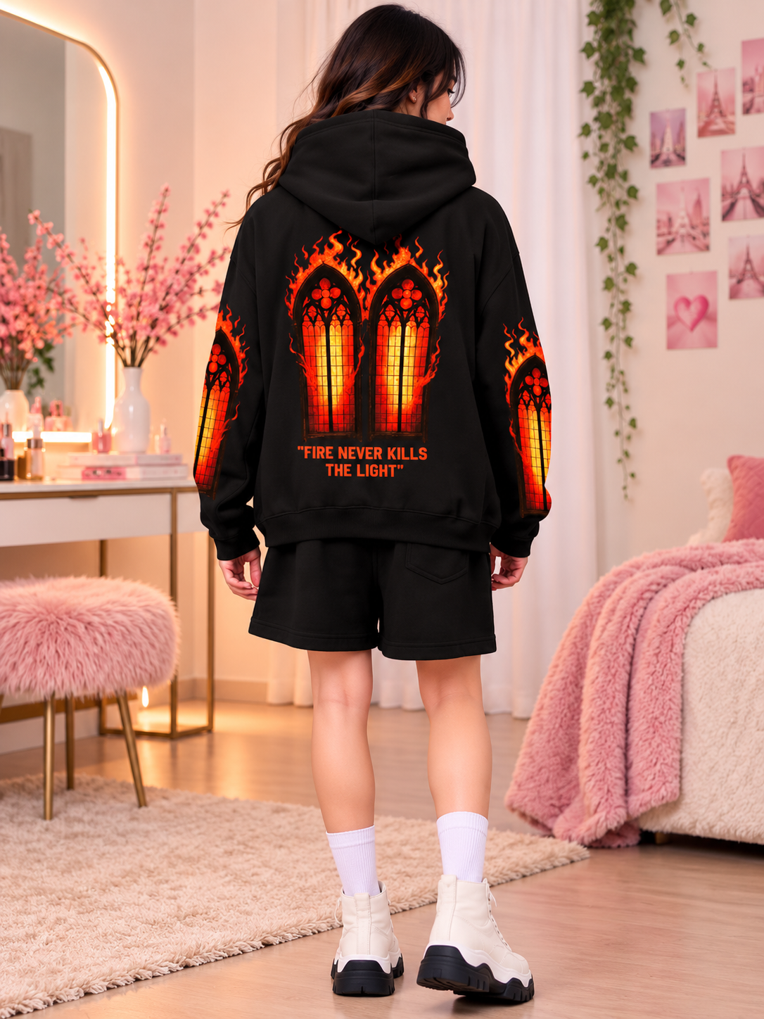 WOMEN FIRE NEVER KILLS THE LIGHT FLEECE CO-ORD BLACK