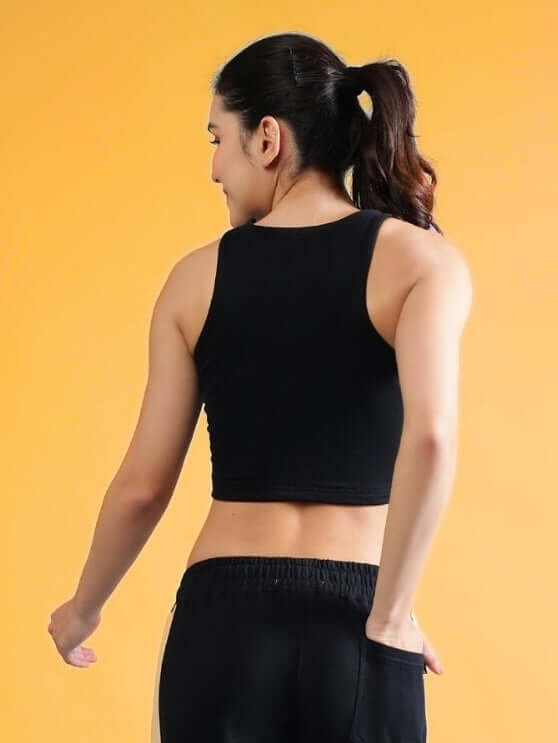 Back view of Women's Fitfinity Black Crop Top in premium cotton fabric, showcasing comfort and style, ideal for casual wear.