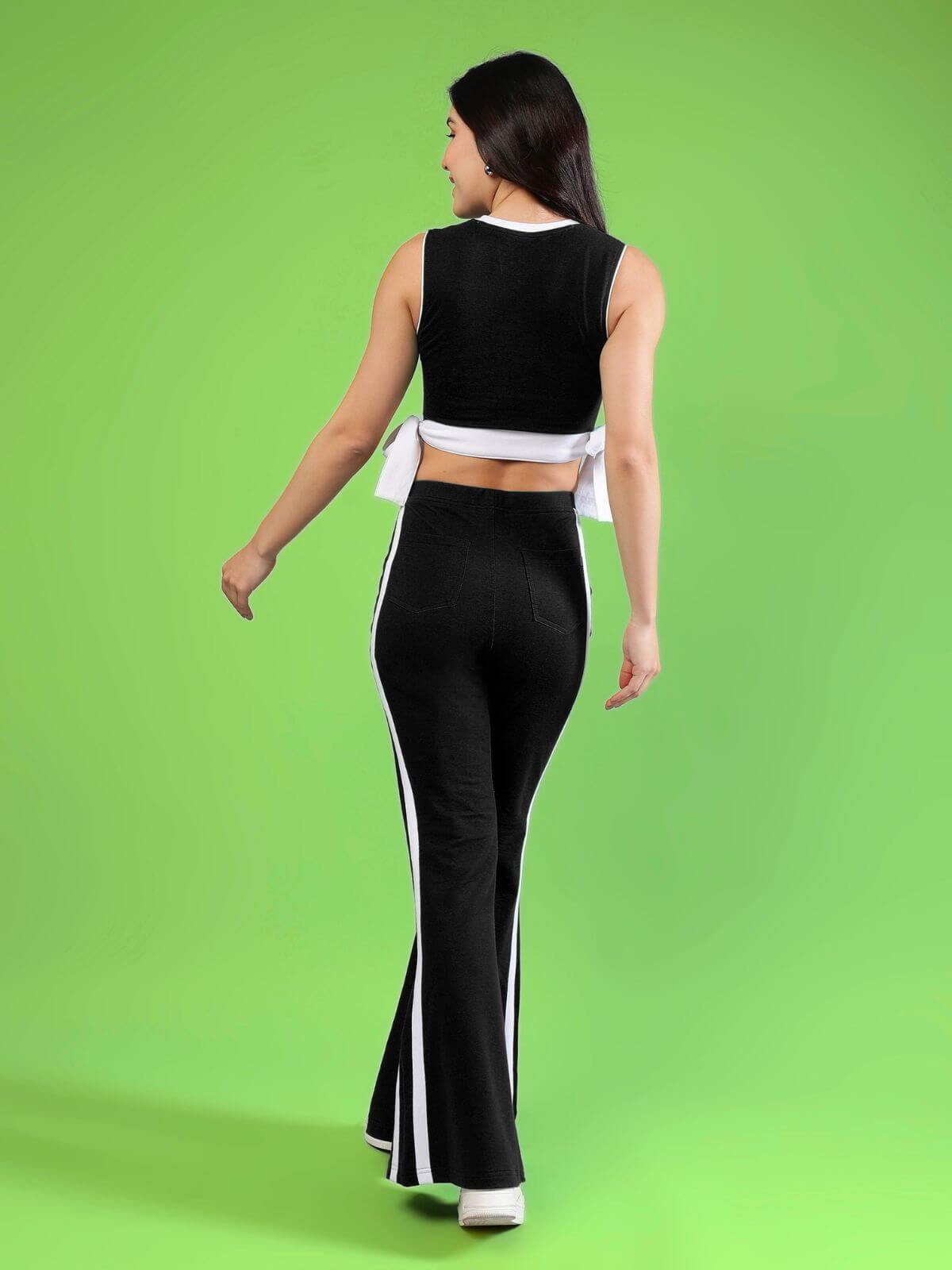 WOMENS FITTONIA COOL CO-ORD SET BLACK displayed from the back, showcasing its stylish coordinated silhouette.