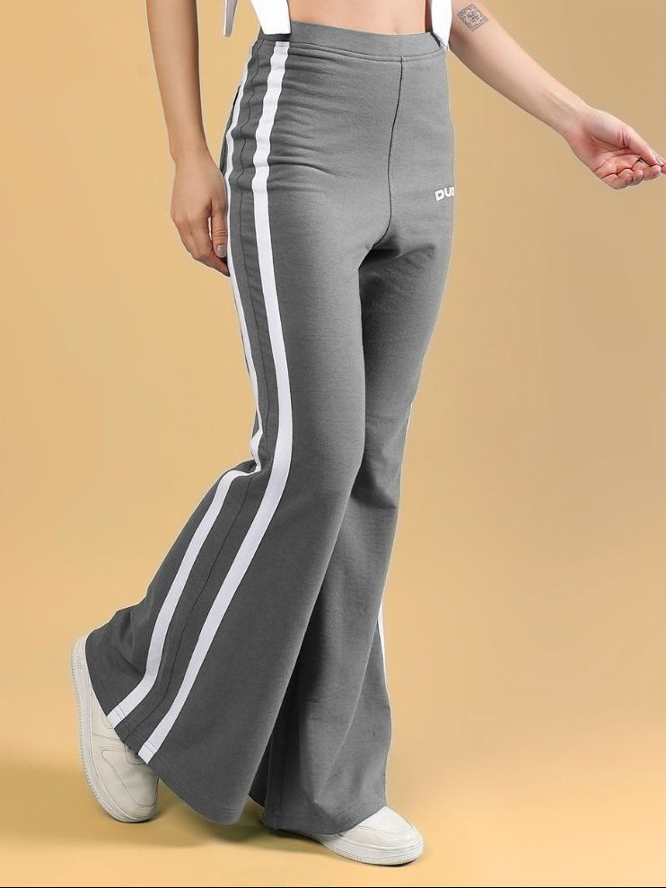 WOMENS FITTONIA COOL WIDE FLARE JOGGERS GERY in grey with sporty white stripes, perfect for casual styling.