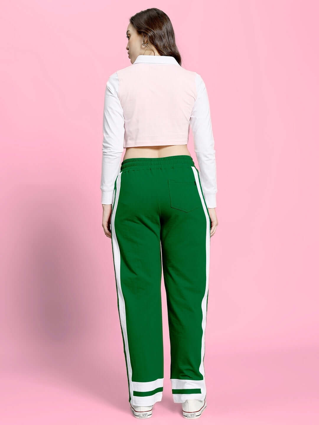 Back view of WOMEN'S FLORA CO-ORD SET PINK GREEN showcasing vibrant fashion-forward design.