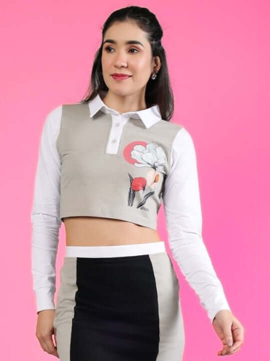 Model wearing WOMEN'S FLORA Regular Sleeves Crop Top in Grey White with floral design. Made from premium cotton blend. Stylish and comfortable.