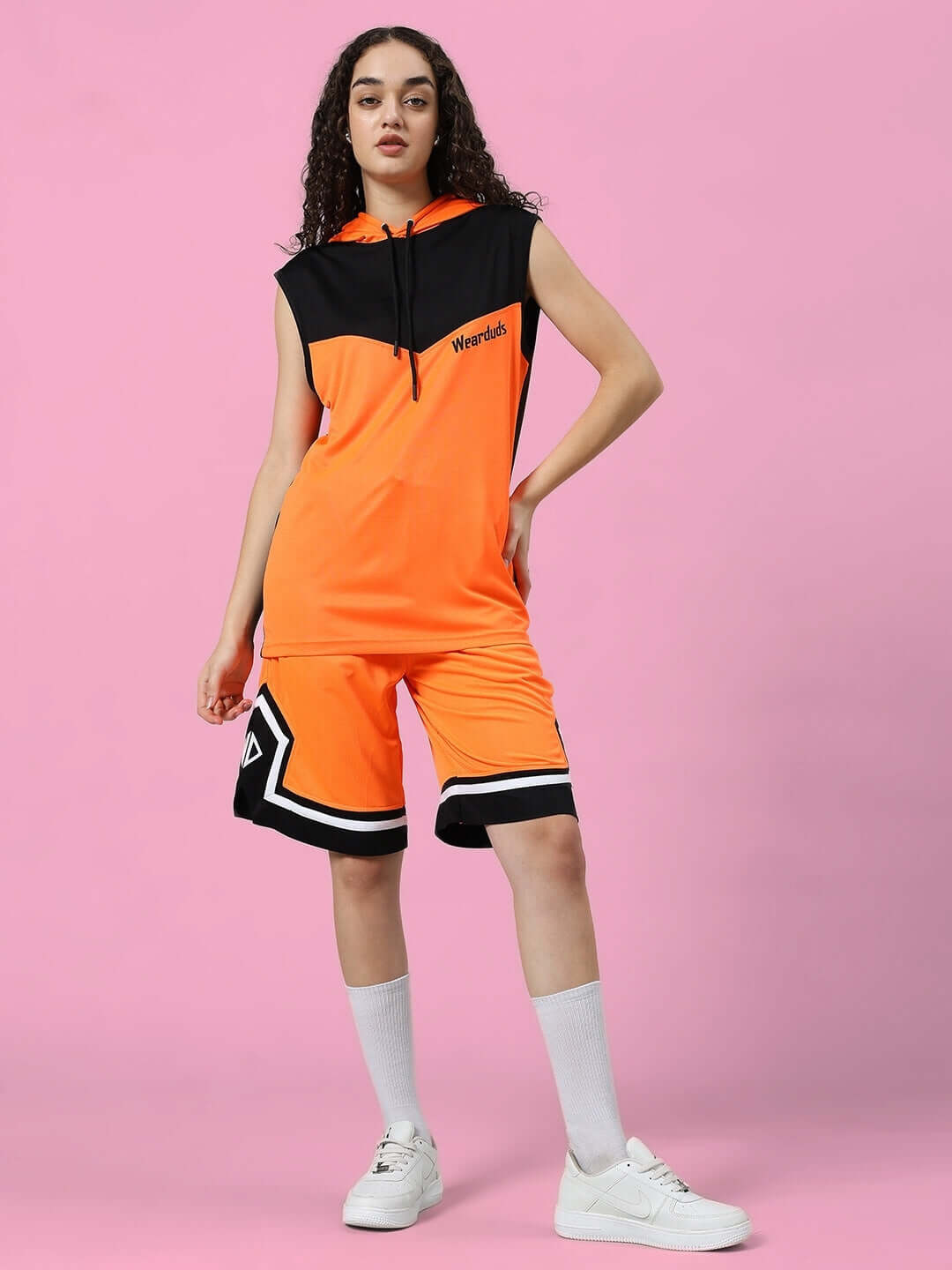 WOMEN'S FRANKY GYM CO-ORD SET ORANGE BLACK, sporty look with sleeveless orange top and black accents, sportswear fashion for women.