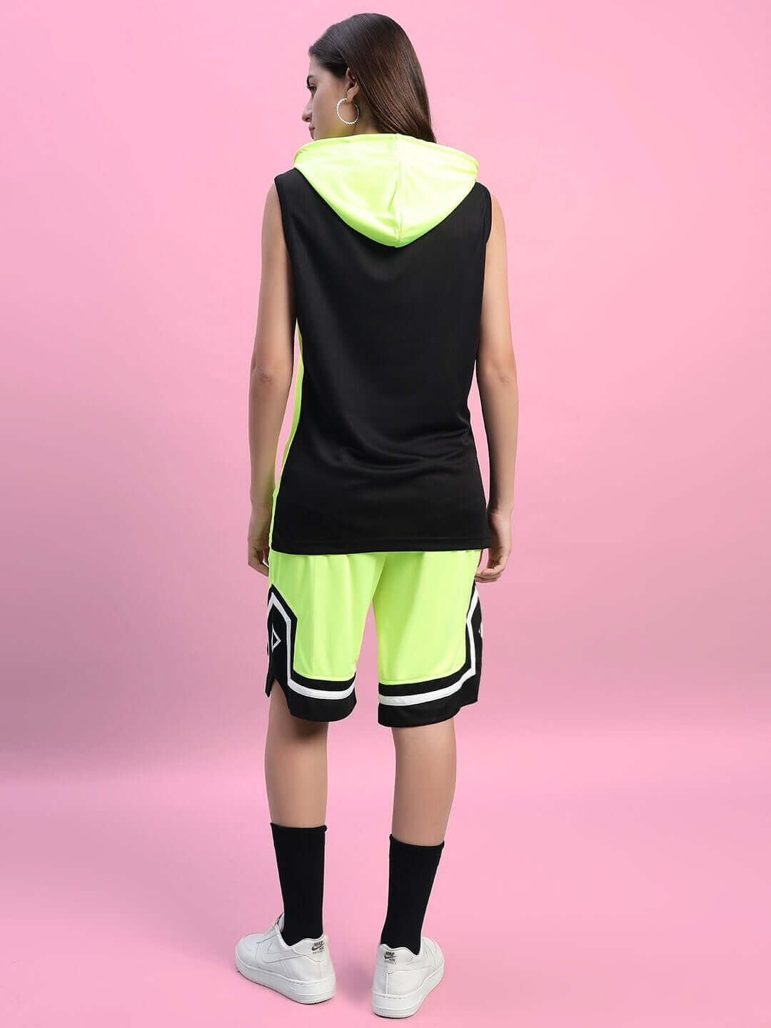 Back view of WOMEN'S FRANKY GYM CO-ORD SET NEON GREEN, showcasing the vibrant color and comfortable fit in a stylish sportswear design.