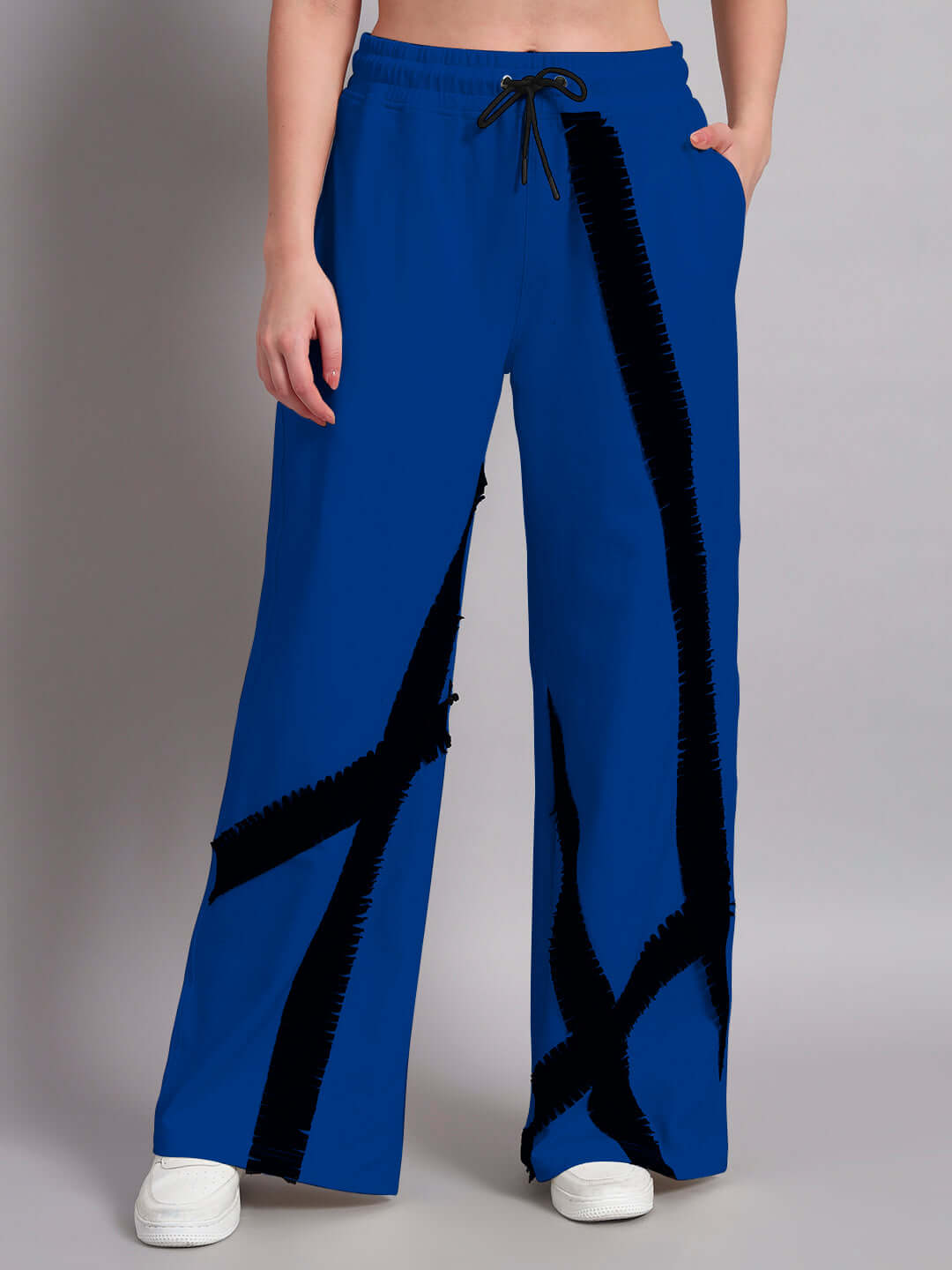 Women's Frayed Textured Stripes Co-Ord Set in Black and Blue with Elasticated Waistband and Drawstring, Relaxed Fit Joggers.