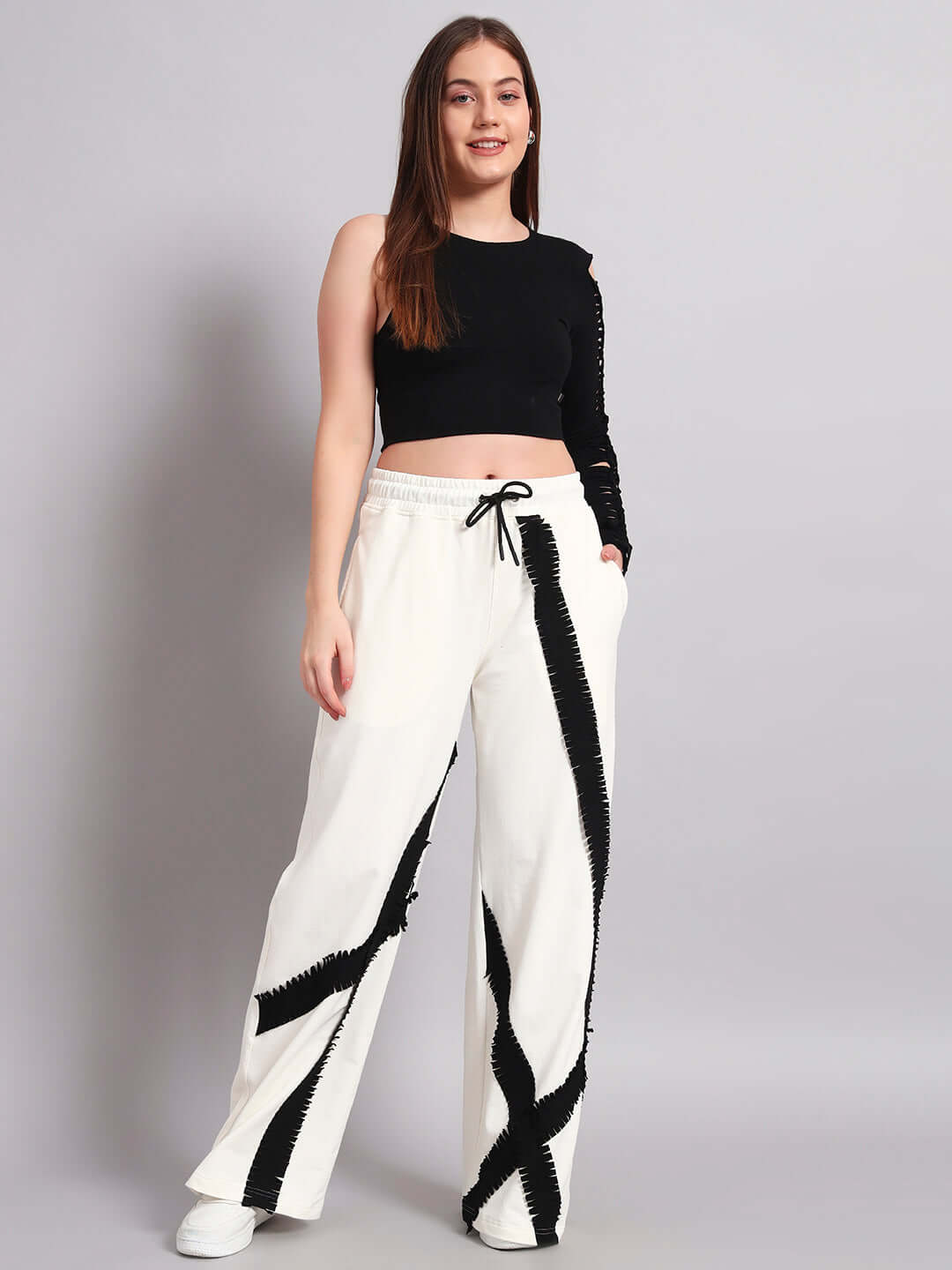 Women's frayed textured stripes co-ord set in off white-black with relaxed joggers and black top, featuring premium cotton fabric.