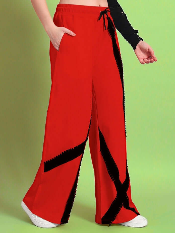 Women's frayed textured stripes jogger in red, made-to-order pants with custom fit options by experienced tailors.