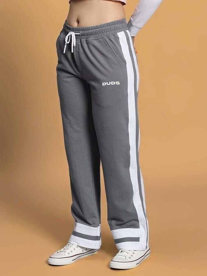 Grey women's jogger with side stripe, made to order by DUDS, available for custom fit and featuring comfortable drawstring waistband.
