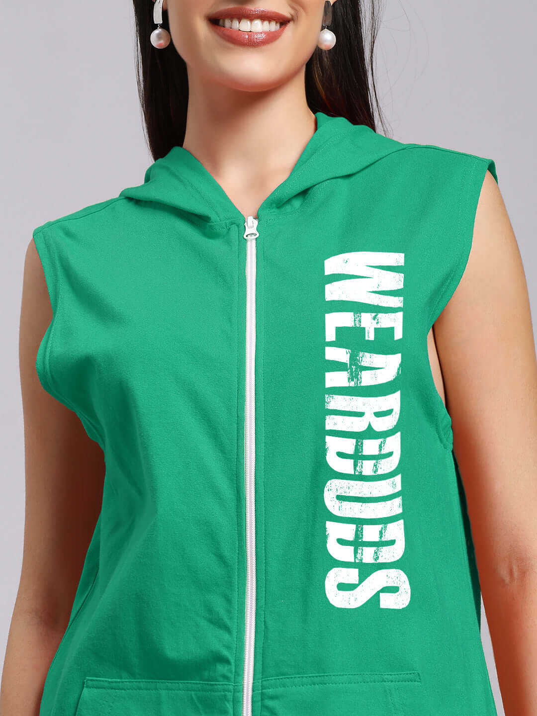 WOMENS DECENT GYM HOODED T-SHIRT GREEN with "WEAR DUDES" white print, sleeveless design, premium breathable fabric ensuring comfort.
