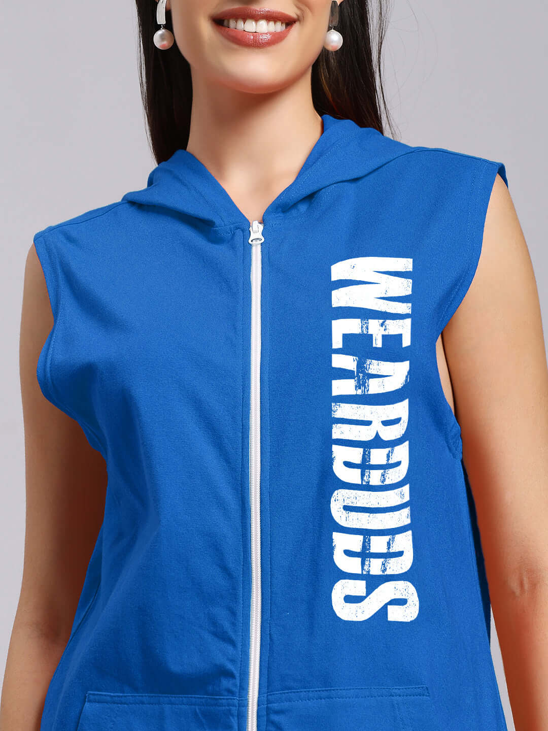 WOMENS DECENT GYM HOODED T-SHIRT BLUE with "WE ARE DUDES" print, perfect for workouts; features breathable, moisture-wicking fabric.