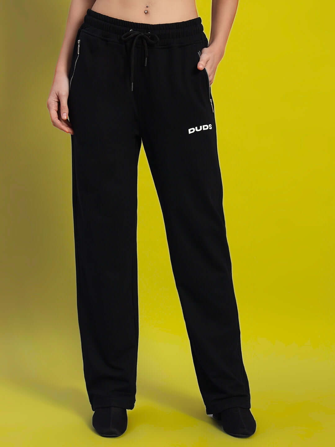 Black women's relaxed fit jogger pants by DUDS, featuring a comfortable drawstring waist. Made to order for personalized fit.