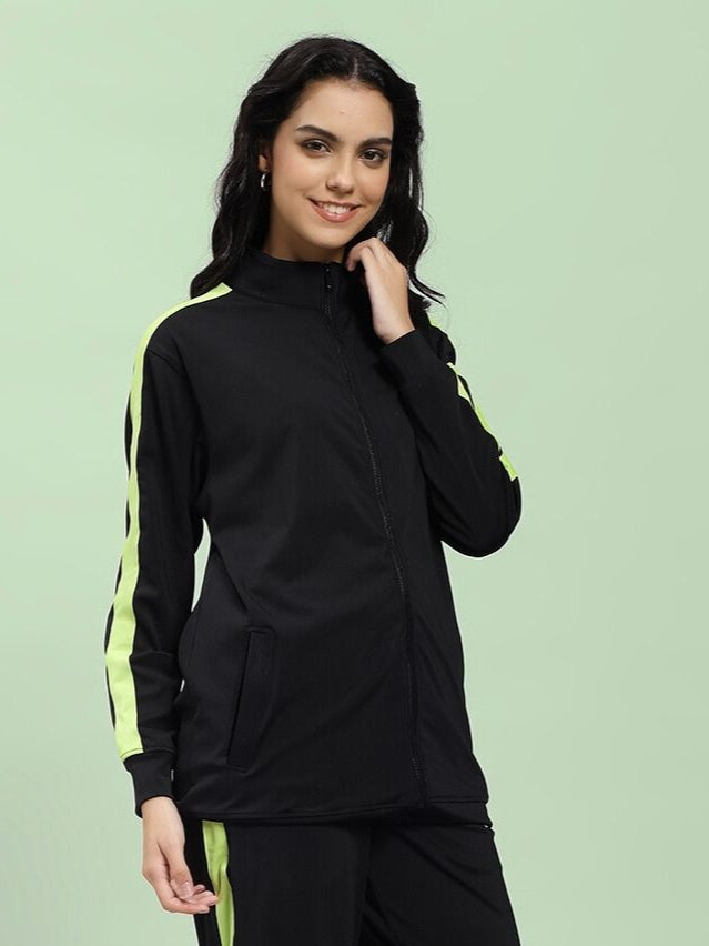 Woman wearing WOMEN HIGH PERFORMANCE JACKET IN BLACK with stylish design and advanced features, ideal for outdoor activities and city commutes.