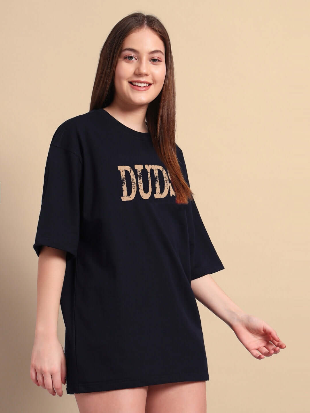 Woman wearing WOMENS HORNED FIGURE CREATIVE PRINT OVERSIZED T-SHIRT BLACK, featuring streetwear style with art-inspired graphic print.