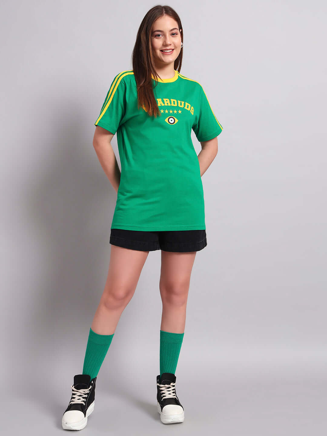 Women's Irish Regular Fit Green T-Shirt, Premium 100% Cotton, Bio-washed, Model in casual ensemble, made in India