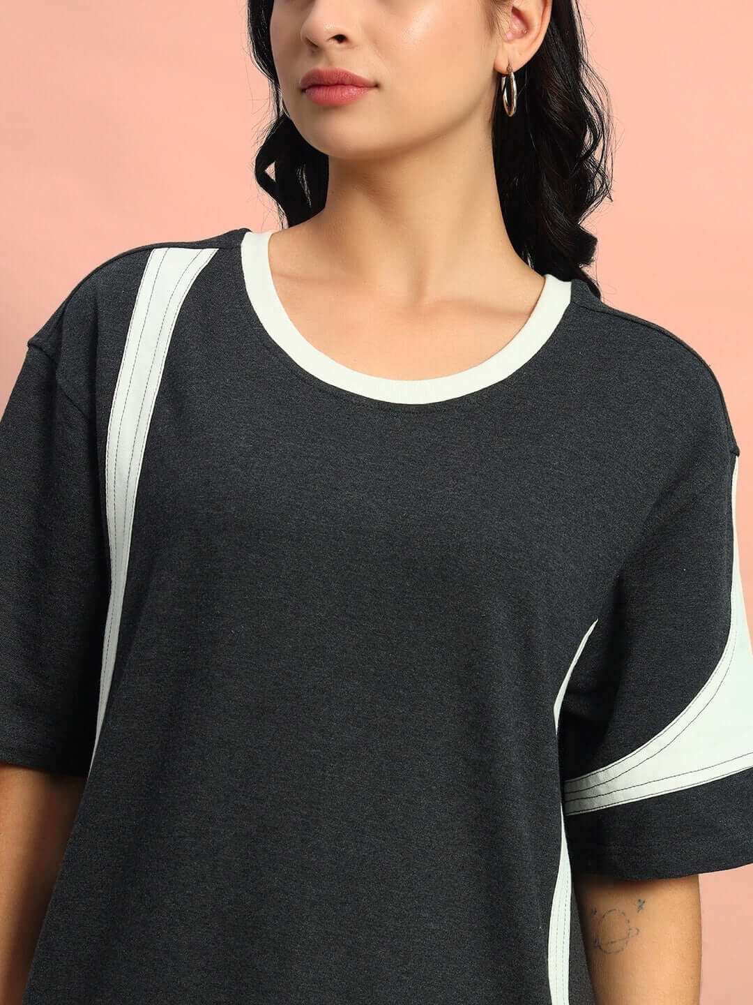 Model wearing WOMEN'S JACKSON DRESS in dark grey, made of 100% cotton terry fabric, showcasing the premium heavyweight material.
