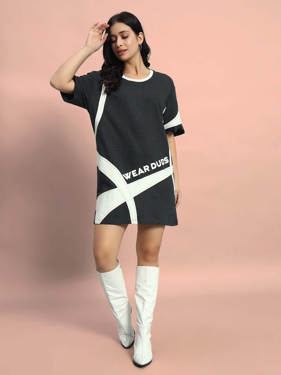 Model wearing Women's Jackson Dress in dark grey, made of 100% cotton terry with premium heavy gauge fabric, styled with white boots.