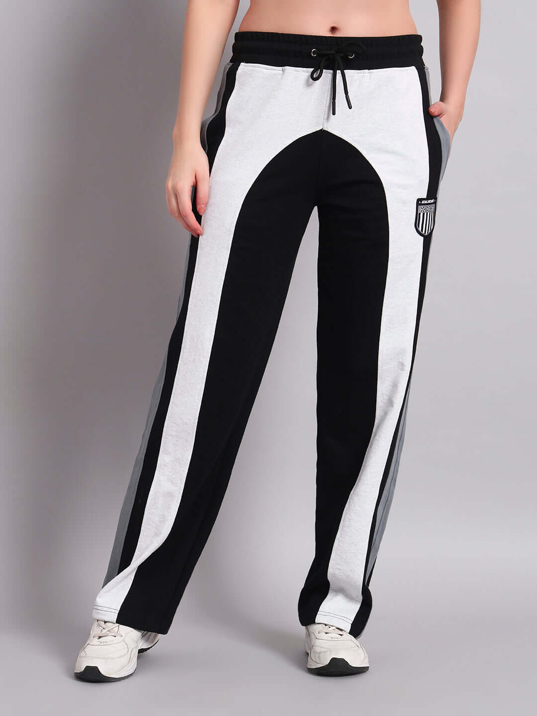 Women's Jamison Color Block Relaxed-Fit Joggers in Black Melange-Grey with drawstring waist, showcasing style and comfort.