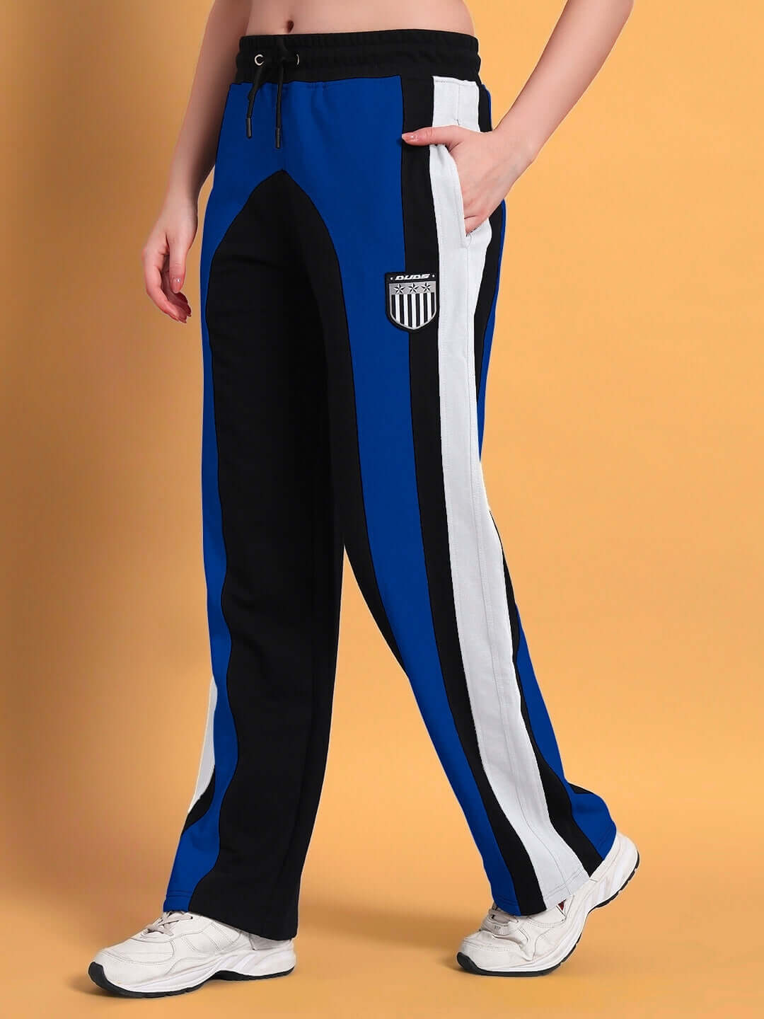Women's Jamison Color Block Joggers in black and blue with relaxed fit, customizable size, made by DUDS.