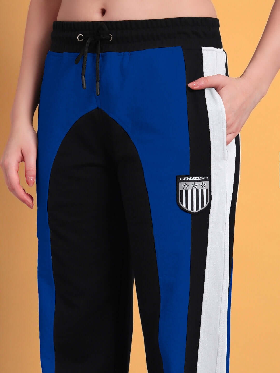 Women's Jamison Color Block Joggers in Black and Blue with Logo Patch - Relaxed Fit