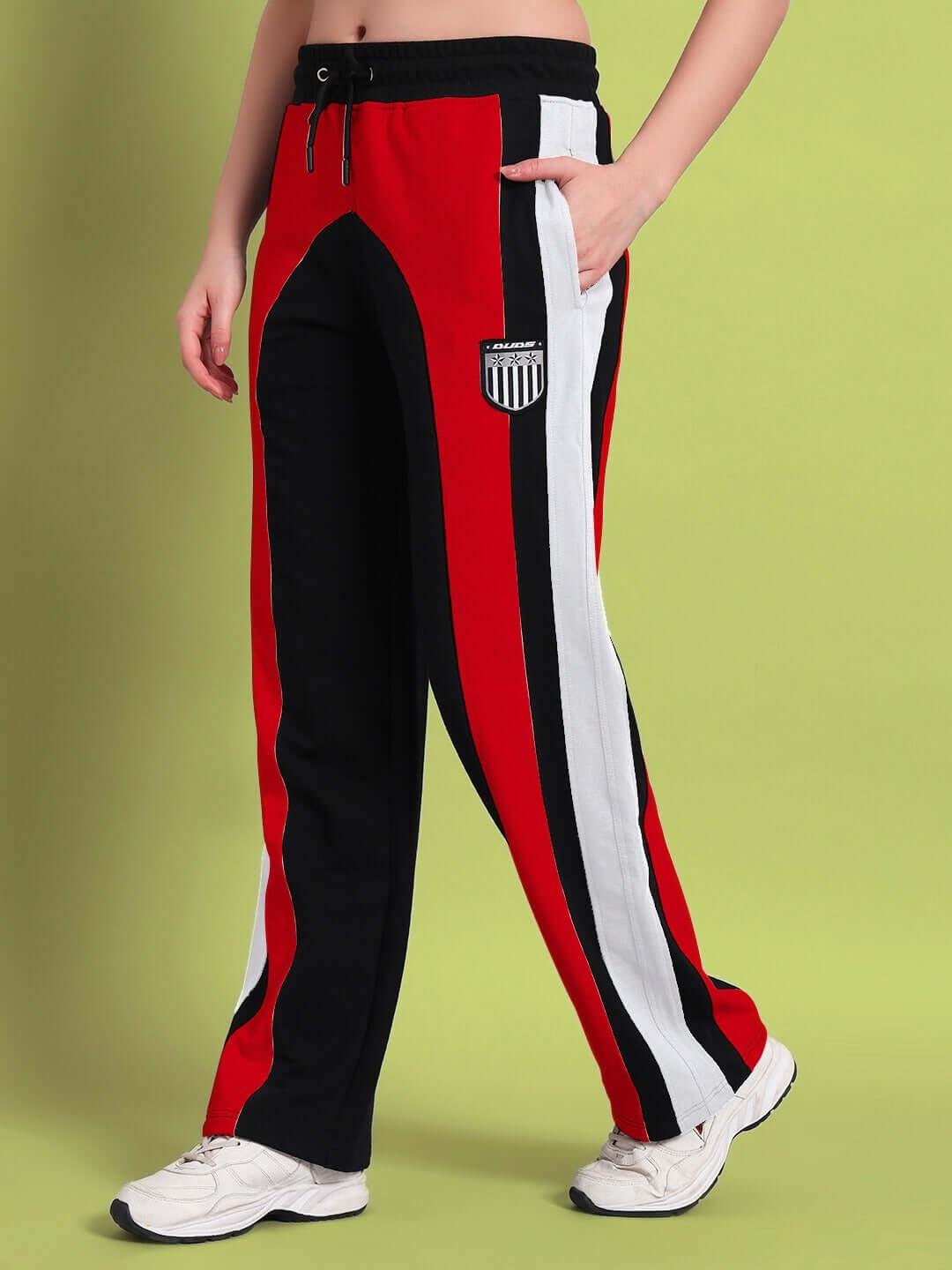 women's Jamison color block relaxed-fit joggers in black and red with white stripe, made-to-order by DUDS, side view