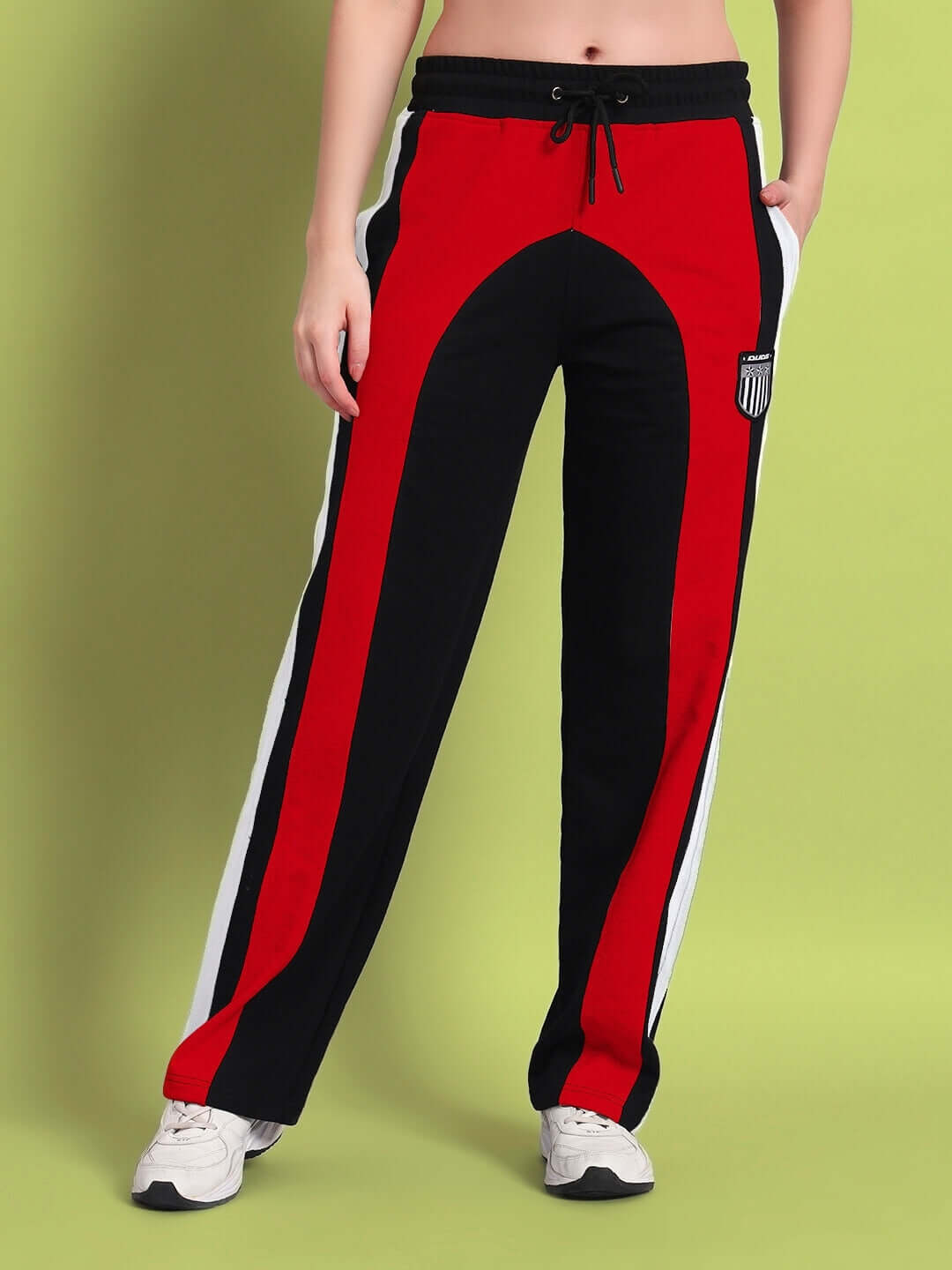 Women's Jamison Color Block Relaxed-Fit Joggers in black and red, offering comfort and style with a drawstring waist and side pockets.