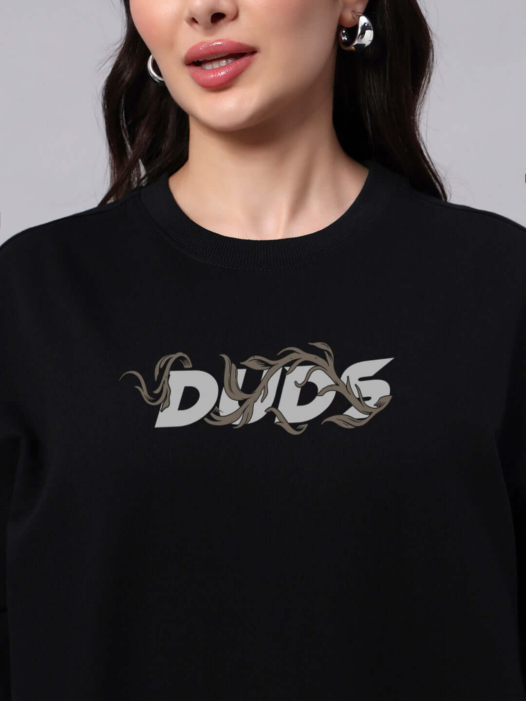 Women's Jelvin over-sized black T-shirt with "DUDE" graphic print, premium cotton, perfect casual wear for a stylish look.