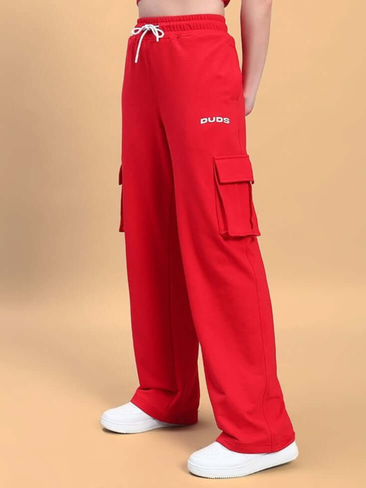 Women's Jess 5 Pocket Relaxed Fit Joggers in Red by DUDS, made to order with custom fit options and expert tailoring.
