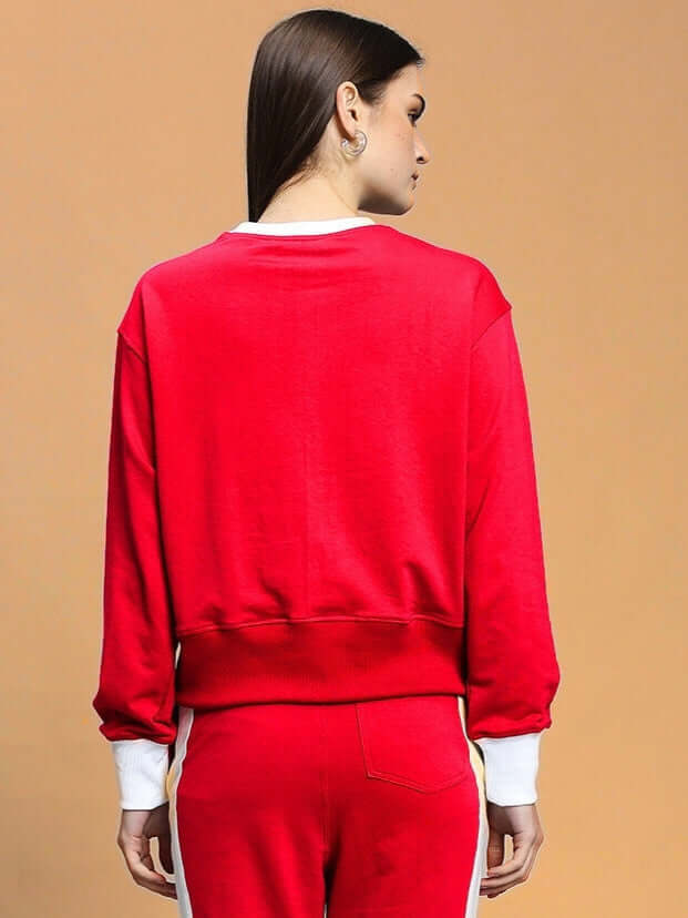 Back view of red women's Jessflick relaxed fit sweatshirt, premium cotton French Terry, styled casually