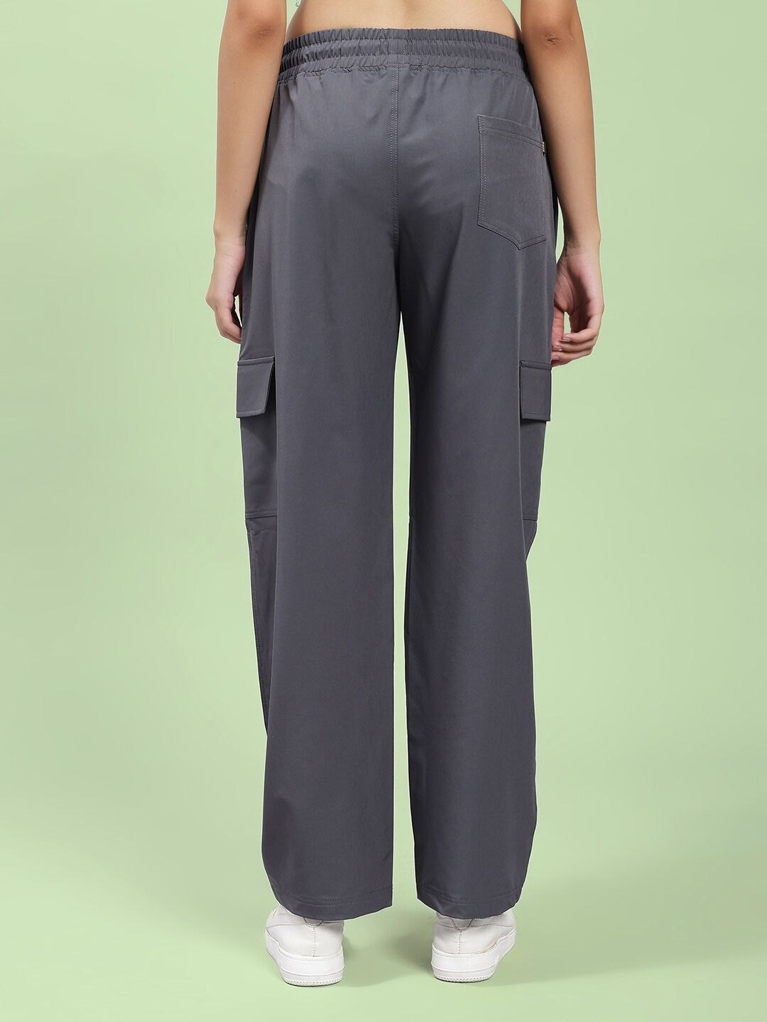 Back view of WOMEN JIMMY RELAXED FIT MULTI POCKET JOGGER DARK GREY showcasing pockets and relaxed style