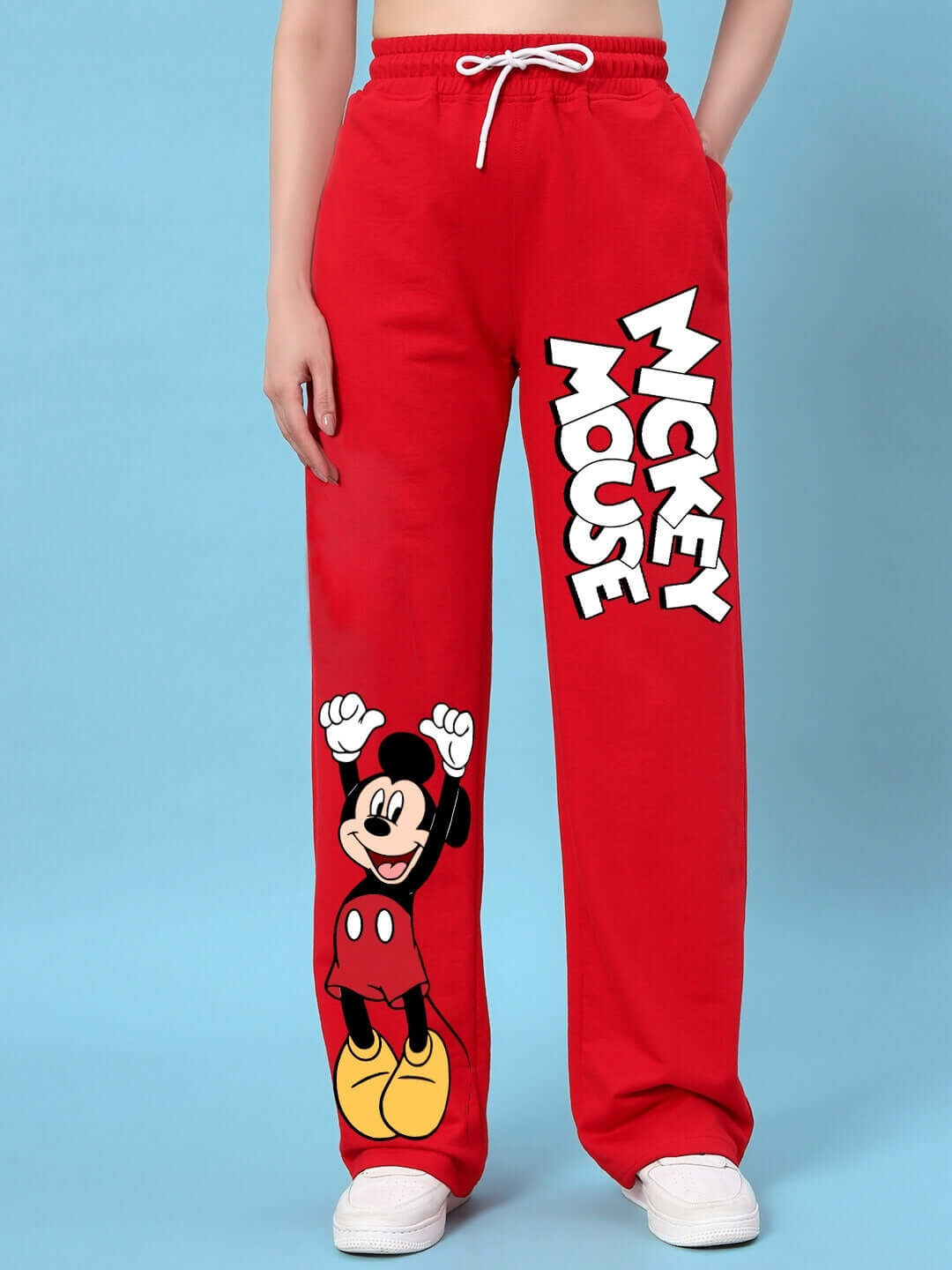 Women's red Mickey Mouse joggers, relaxed fit with cartoon graphic, customizable size, by DUDS. Made-to-order, 7-10 days shipping.