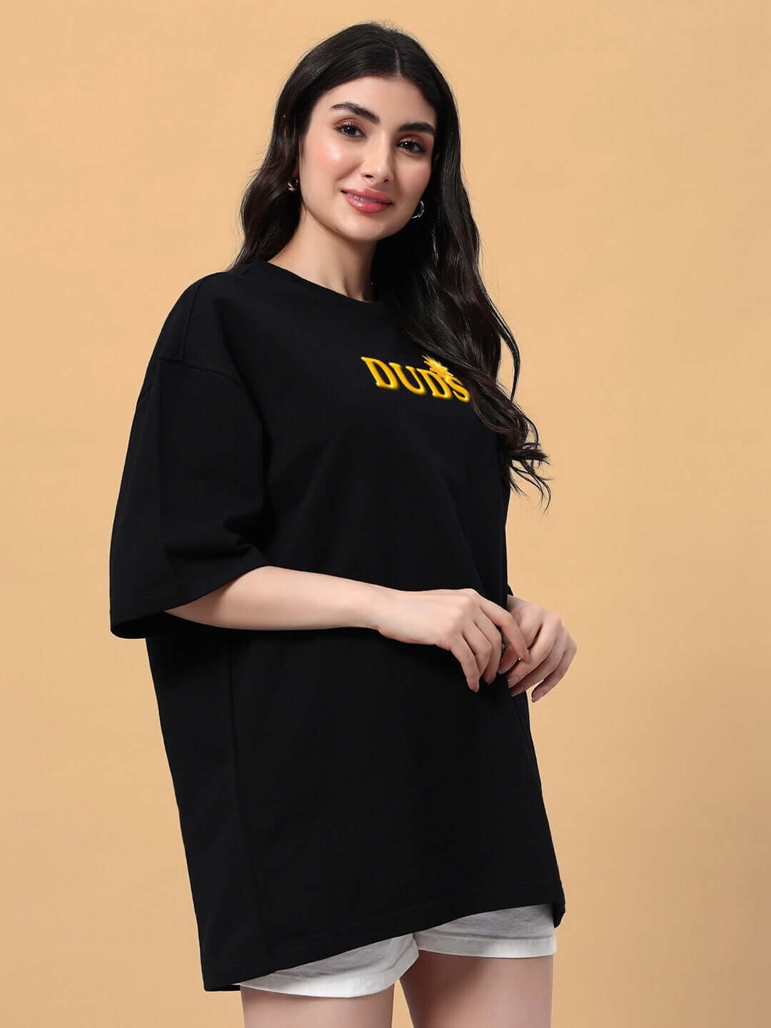 Woman wearing WOMENS LABUBU MONSTERS OVERSIZED T-SHIRT BLACK with fun monster graphics