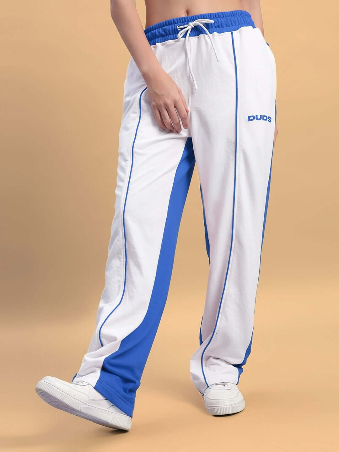 Women's white and blue relaxed fit joggers by DUDS, featuring a comfortable design and customizable sizing options.