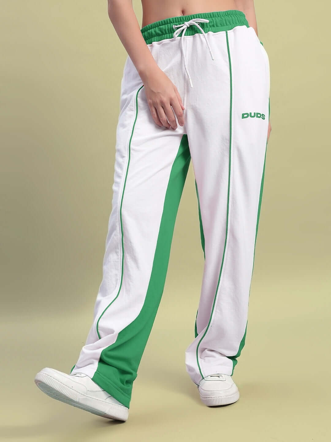 Women's Lagoon Relaxed Fit Joggers in White Green by DUDS, showcasing style with comfortable fit, ideal for customization and pre-order.