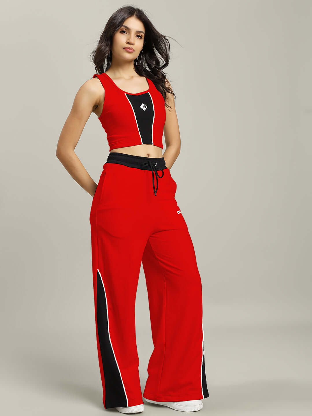 Women's Larissa red-black co-ord set made from premium cotton, featuring a stylish crop top and wide-leg pants, perfect for fashion-forward looks.