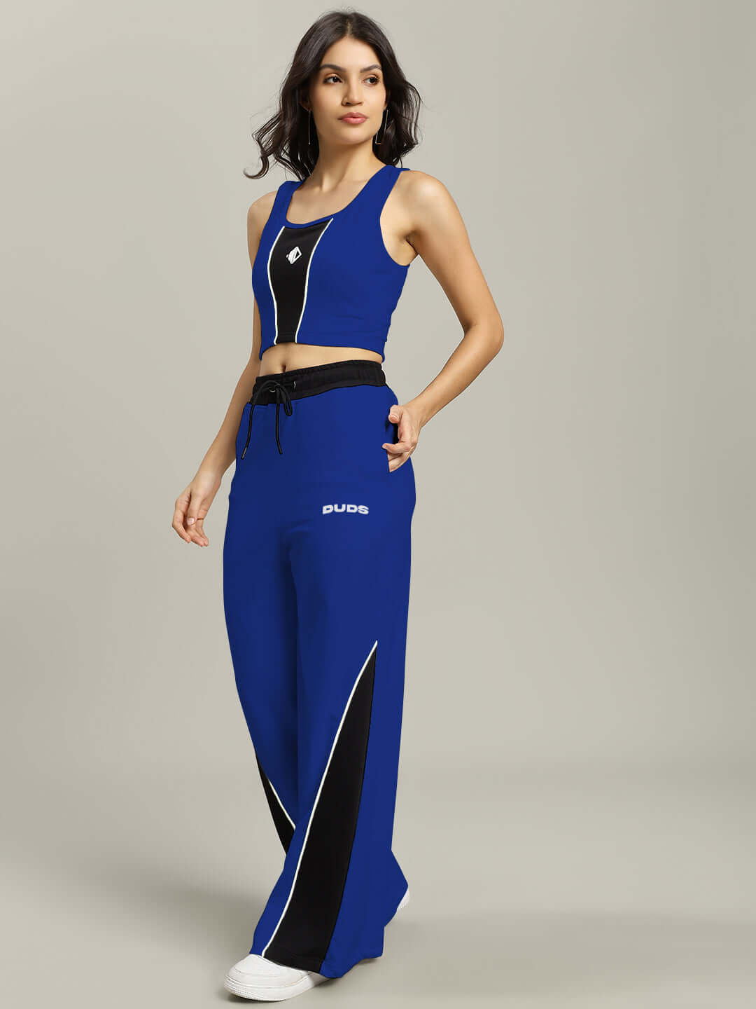 Woman wearing blue and black Larissa co-ord set featuring premium heavy gauge fabric, designed for style and comfort.