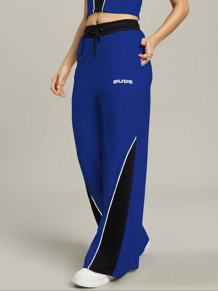 Women's Larissa Wide Ankle Relaxed-Fit Joggers in royal blue and black, made-to-order by DUDS, featuring customizable fit options.