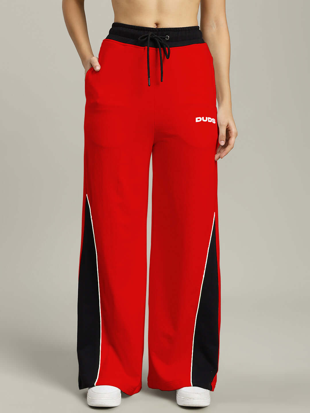 Women's Larissa relaxed-fit joggers in red-black from DUDS, featuring wide ankle design and comfortable fit.