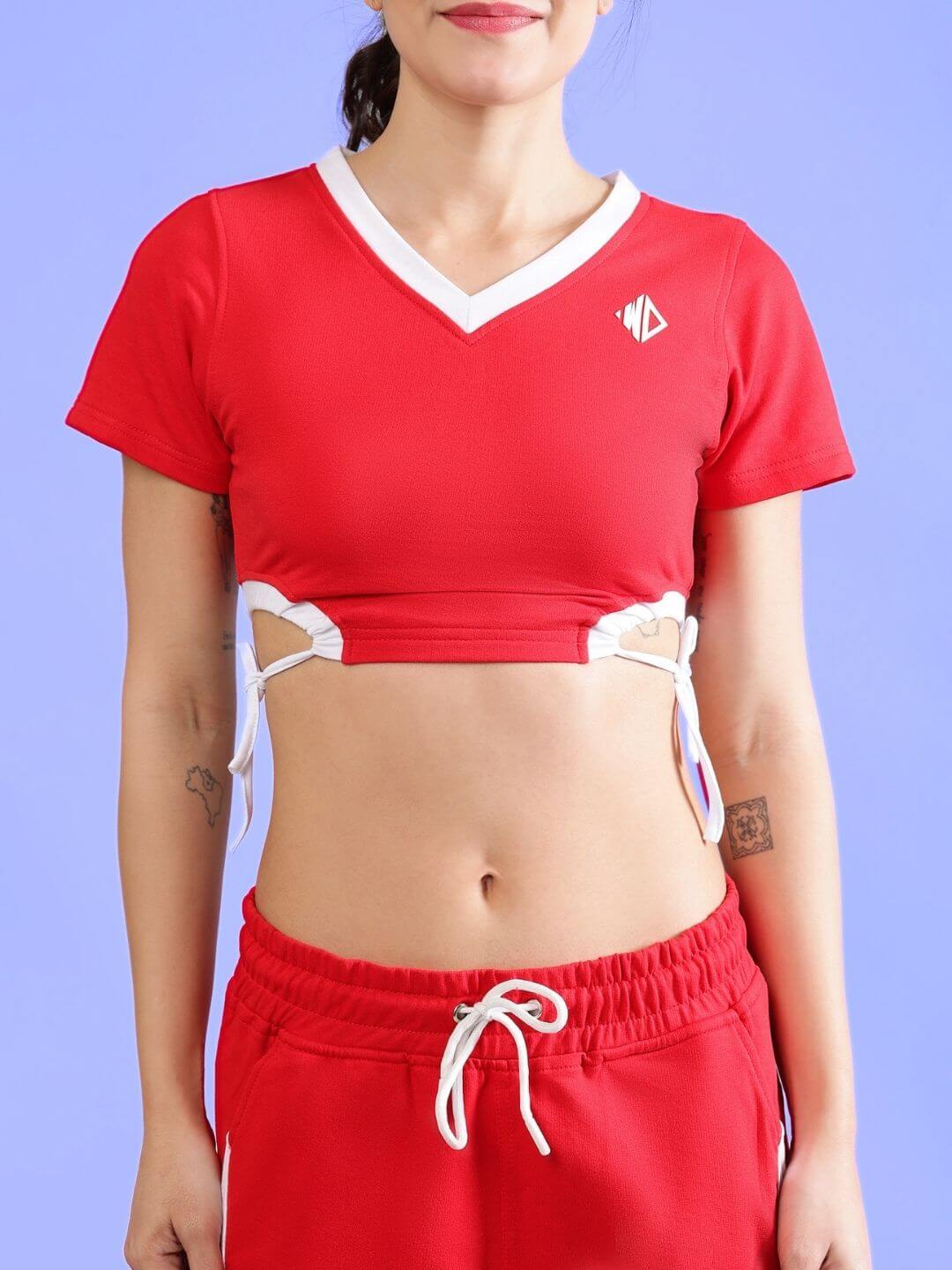 WOMEN'S LERISA ACTIVE CO-ORD SET RED, sporty cotton-blend outfit, front view, by WEAR DUDS.
