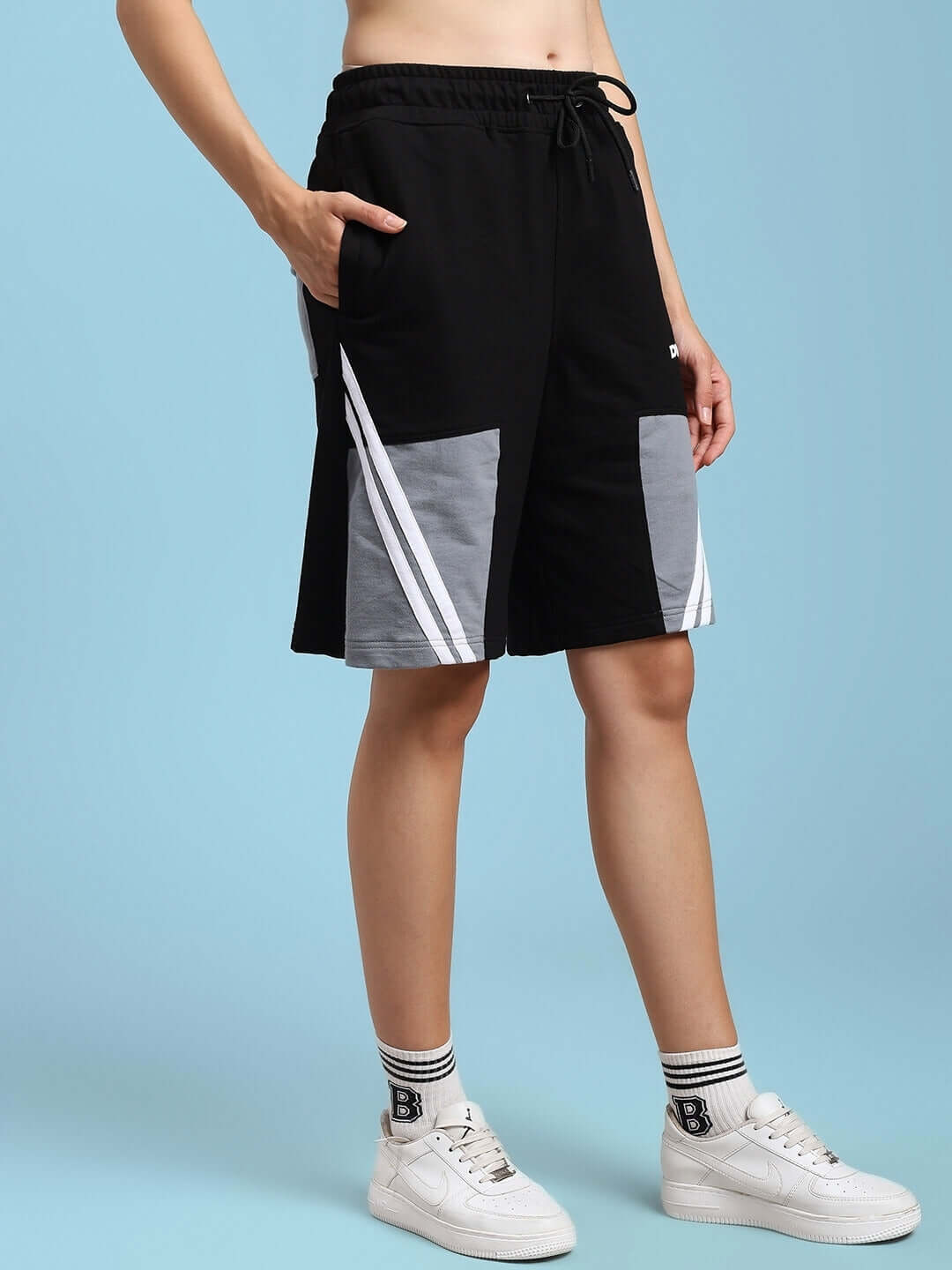 Model wearing Women's Lewin Chino Regular Fit Shorts in Black-Grey with customizable size option available.
