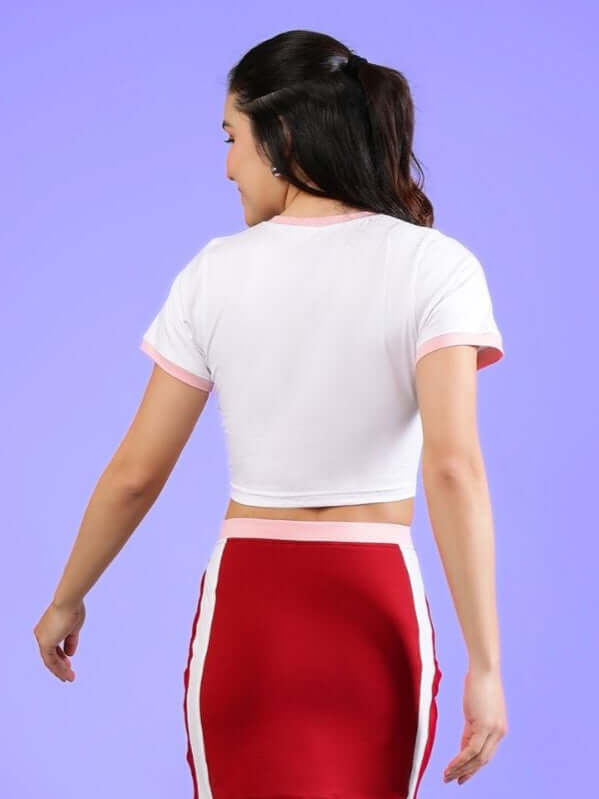 Back view of Women's Libi Heart Crop Top in white, made with premium cotton terry lycra, perfect for stylish comfort.