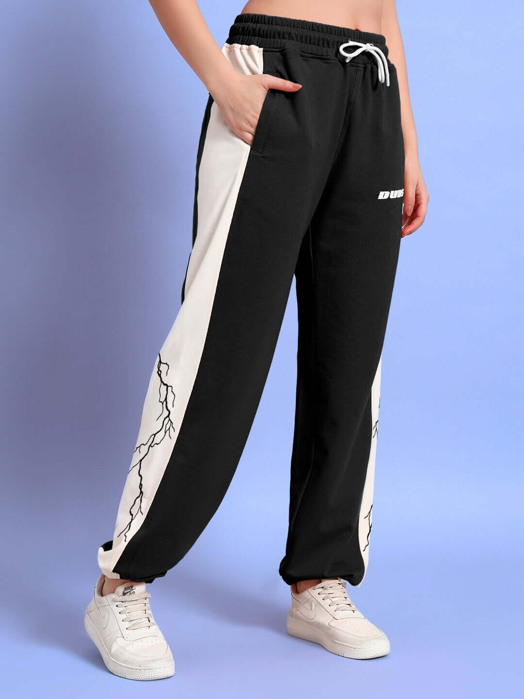 Women's Lightning Bolt Relaxed Fit Joggers in Black and White with custom fit option, designed by DUDS, made-to-order.