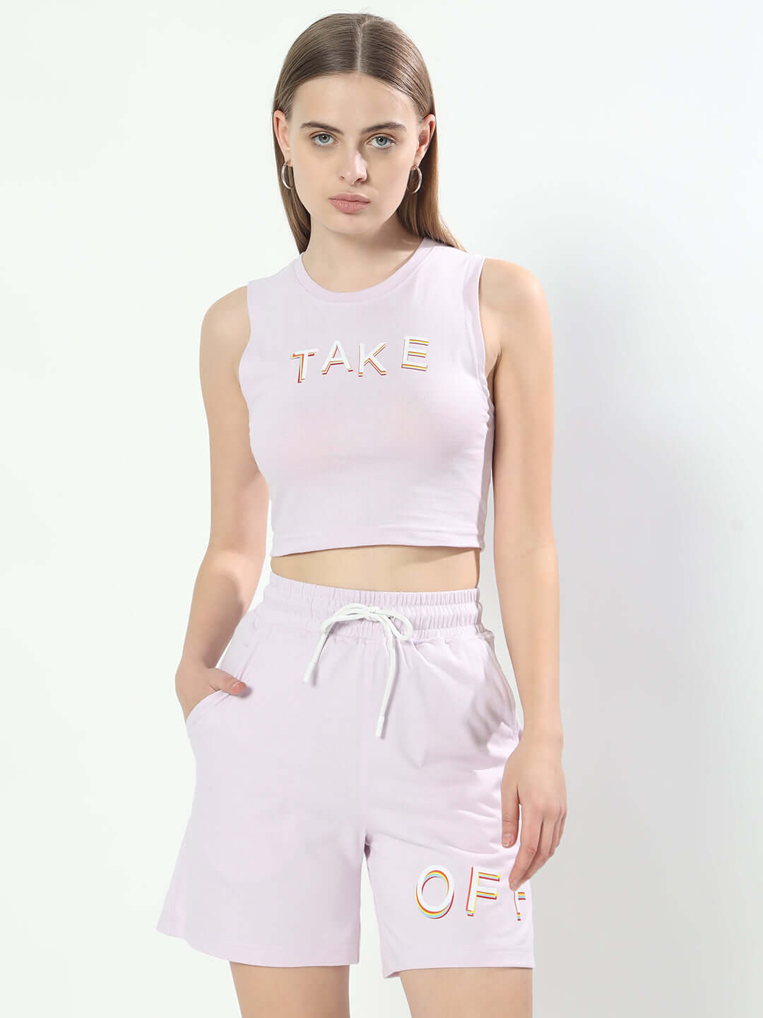 Women's lilac co-ord set with 'TAKE OFF' print, sleeveless top and drawstring shorts, premium cotton terry fabric, stylish and comfy.