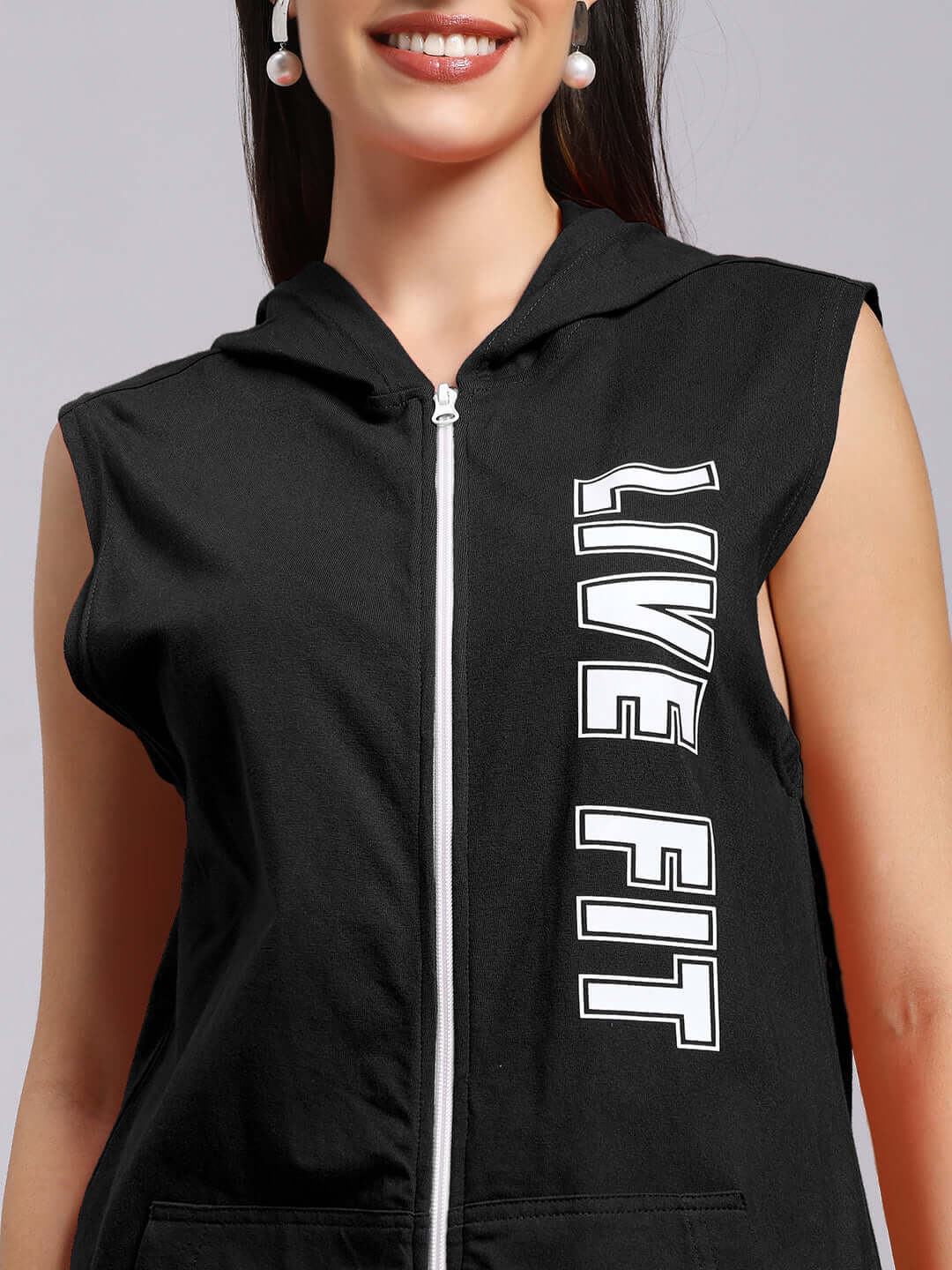 WOMEN'S LIVE FIT GYM HOODED T-SHIRT BLACK displayed on model, showing front zipper and 'LIVE FIT' text, ideal for workouts and yoga.