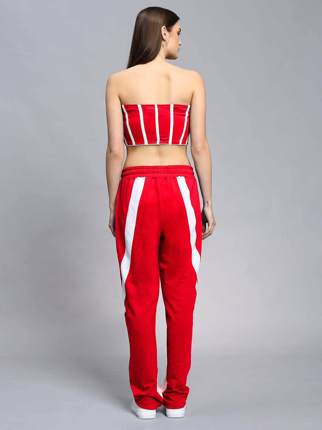 Back view of model wearing WOMEN'S LIVIANA COOL CO-ORD SET RED showing off stylish street-chic design and comfort.