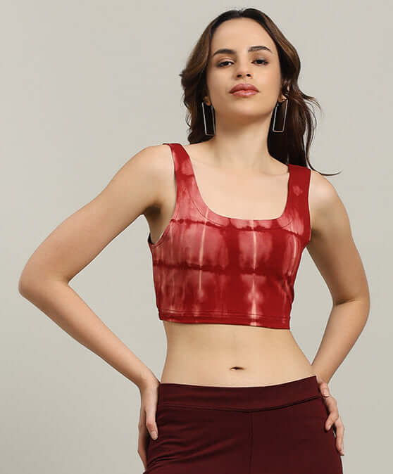 Maroon women's tie dye crop-top made from premium heavy gauge cotton fabric, modeled front view. Perfect for casual wear. Made in India.