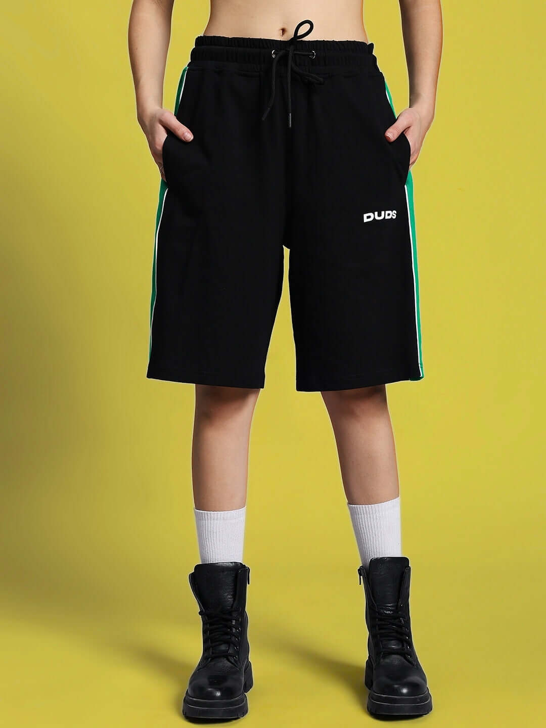 Women's Meteoric Regular Fit Shorts in black, customizable size, featuring side stripes and logo detail, suitable for casual wear.