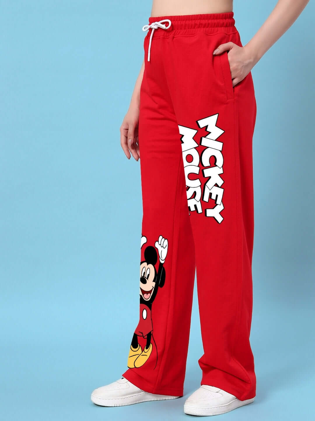 Red Women's Mickey Relaxed Fit Jogger with side text and Mickey Mouse print by DUDS.