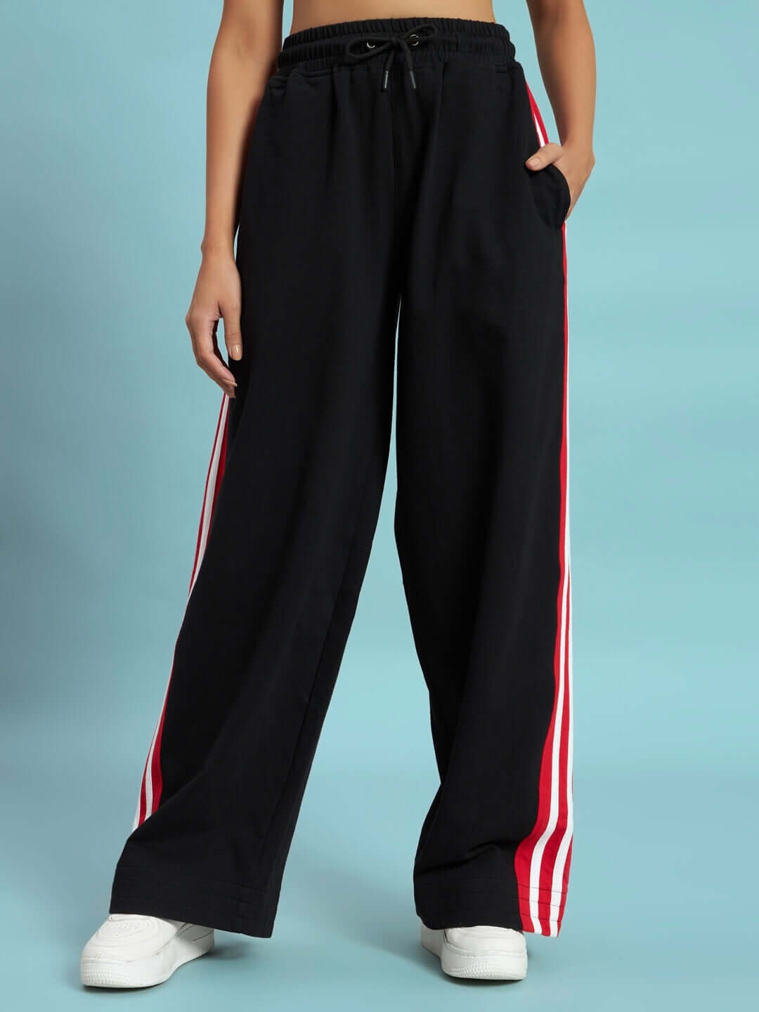 WOMEN'S MILANO RELAXED-FIT JOGGERS BLACK-RED Women's Milano Relaxed-Fit Joggers in Black-Red with side stripes, customizable fit by DUDS, perfect for casual wear.
